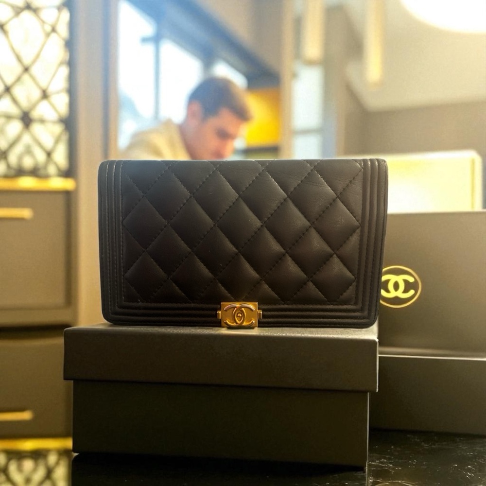 CHANEL Black Quilted Caviar Boy Yen Long Wallet